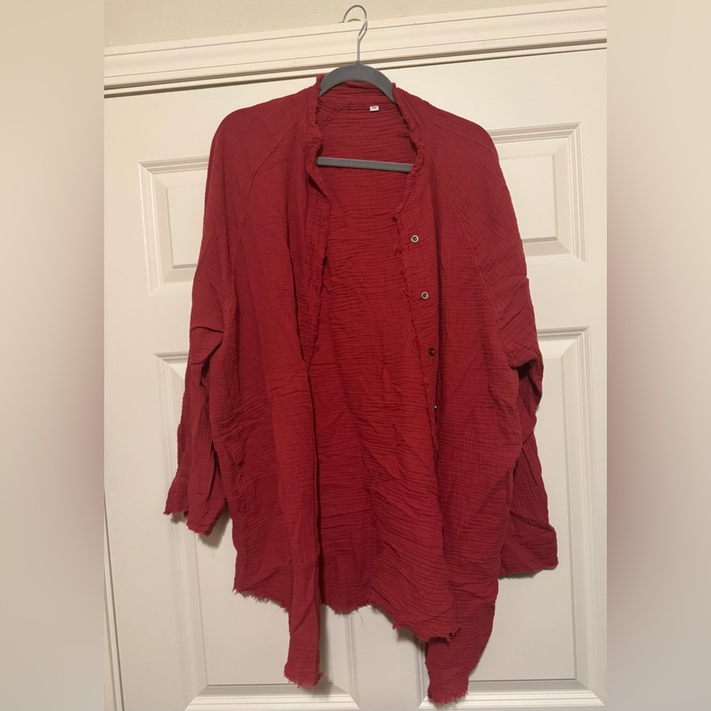 Red Textured Button-Up Shirt